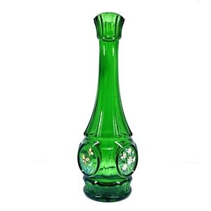 Vintage Emerald Green Glass Bud Vase Hand‎ Painted Floral Panels Tall